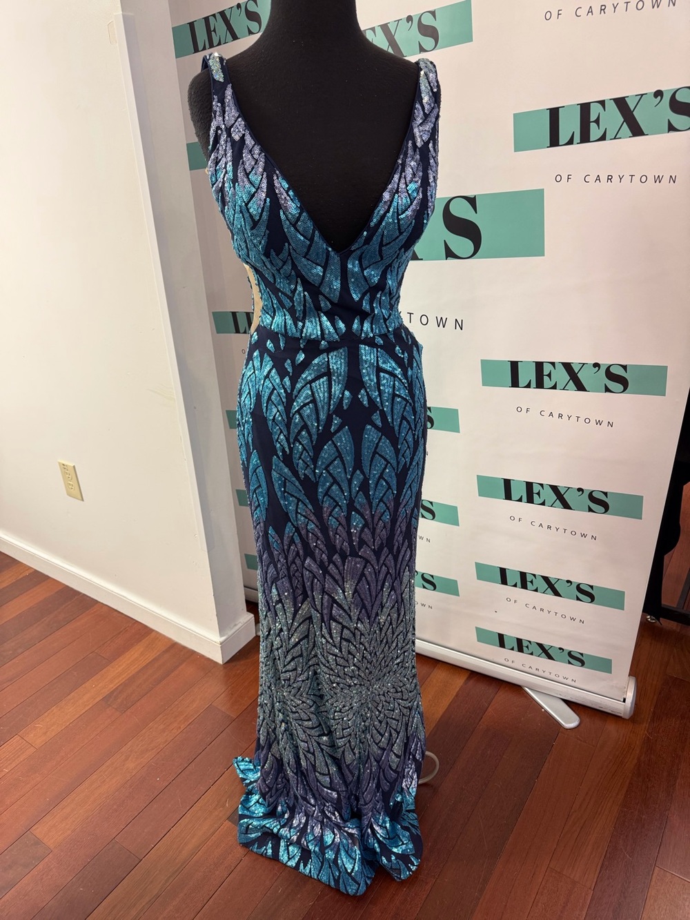 Jovani Plunge Patterned Fit and Flare Dress